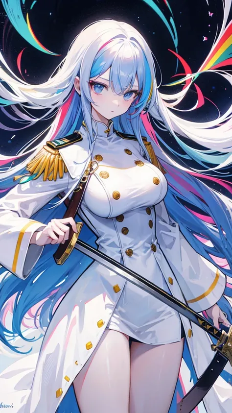 rainbow colored hair, expressionless, neat white uniform, holding a sword, very large breasts, long straight hair