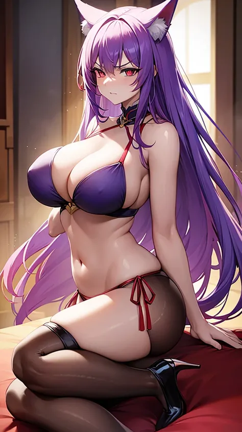 An adult woman who is half dragon, dragon tail, large breasts, blue eyes, purple hair, very angry, and wears a bikini, and very sexy, with an adult woman, half fox and wolf, wolf tail, fox ears, large breasts , red eyes, white hair, very shy and friendly, ...