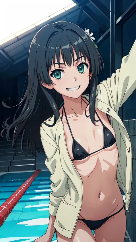 Micro Bikini，Parker jacket， (High resolution:1.4), (masutepiece:1.2), (High quality:1.3) 1girl, saten ruiko, green eyes, long hair, black hair, small breast, cinematic lighting, pov, grin, dynamic angle, party pool, 