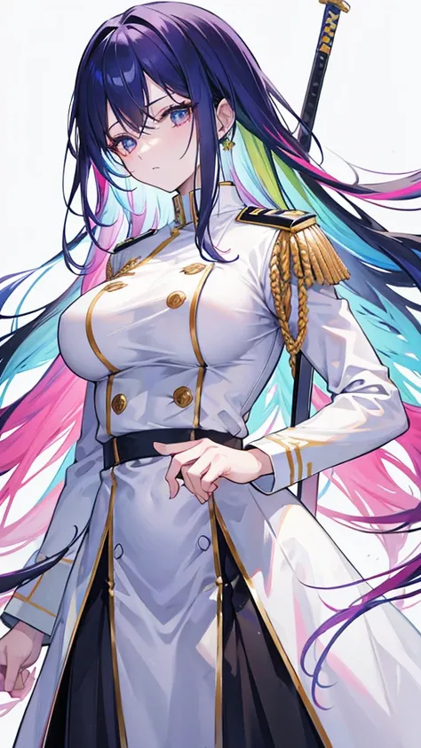 rainbow colored hair, expressionless, neat white uniform, holding a sword, very large breasts, long straight hair