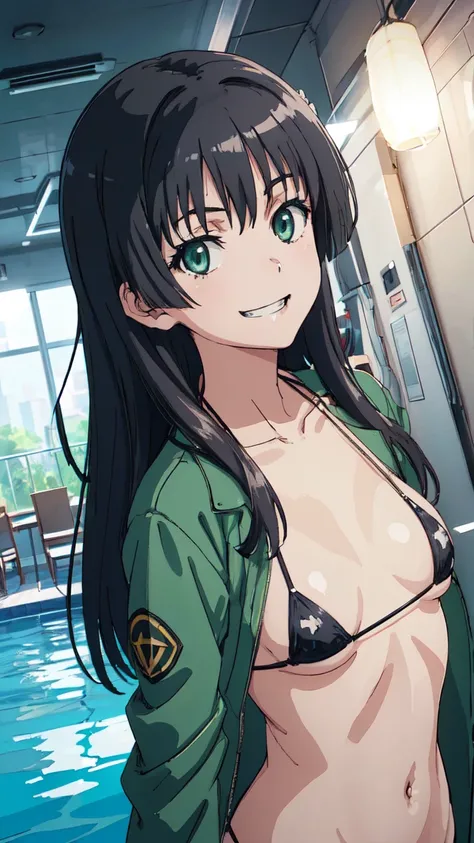 Micro Bikini，Parker jacket， (High resolution:1.4), (masutepiece:1.2), (High quality:1.3) 1girl, saten ruiko, green eyes, long hair, black hair, small breast, cinematic lighting, pov, grin, dynamic angle, party pool, 