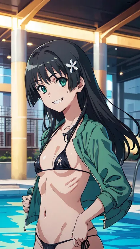 Micro Bikini，Parker jacket， (High resolution:1.4), (masutepiece:1.2), (High quality:1.3) 1girl, saten ruiko, green eyes, long hair, black hair, small breast, cinematic lighting, pov, grin, dynamic angle, party pool, 