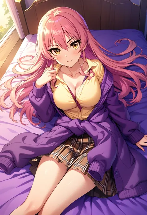 (masterpiece), (best quality), (ultra-detailed), (best illustration), (best shadow), (absurdres), (detailed background), (very aesthetic), mika jougasaki, 1girl, solo, pink hair, yellow eyes, pink hair ribbon, long hair, blush, closed mouth, smile, collarb...