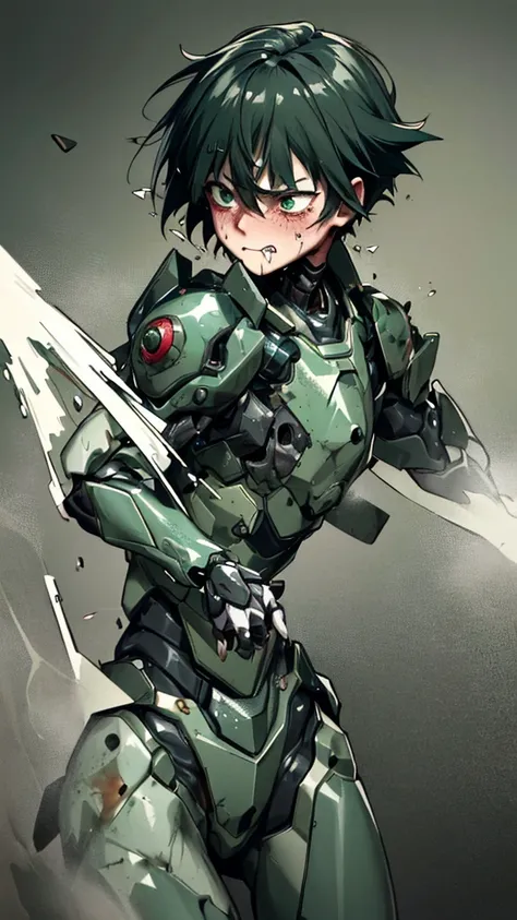 Rough skin, Very detailed, Advanced Details, high quality, 最high quality, High resolution, 1080P 、Bleeding from the wound、Sexy Eyes、Wearing green and black、cute((My whole body is sweating))(Equipped with a battle suit damaged by wounds....)(Dark green armo...