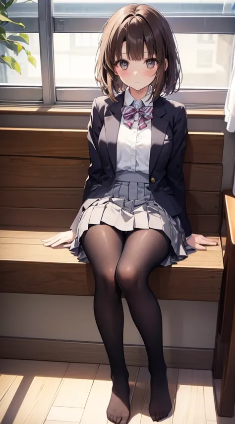 Top quality, masterpiece, High resolution, (Head to toe full body), front, frontやや下からの構図, Symmetric, Tall 18 year old girl, alone, (Head to toe), (Small breasts), Unkempt brown hair, bangs, (black tights), (Black Pantyhose), (Sit with your legs apart), (Cr...