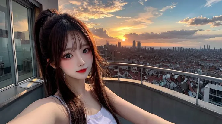 1 beautiful sweet girl,fluffy kitten on the shoulder. fish eye, selfie, wind, straight long hair, high ponytail, sunset, city scape, (Aesthetics and atmosphere:1.2),