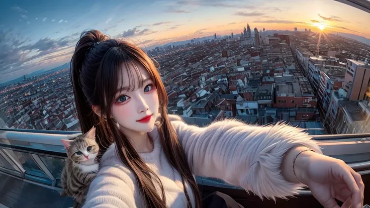 1 beautiful sweet girl,fluffy kitten on the shoulder. fish eye, selfie, wind, straight long hair, high ponytail, sunset, city scape, (Aesthetics and atmosphere:1.2),