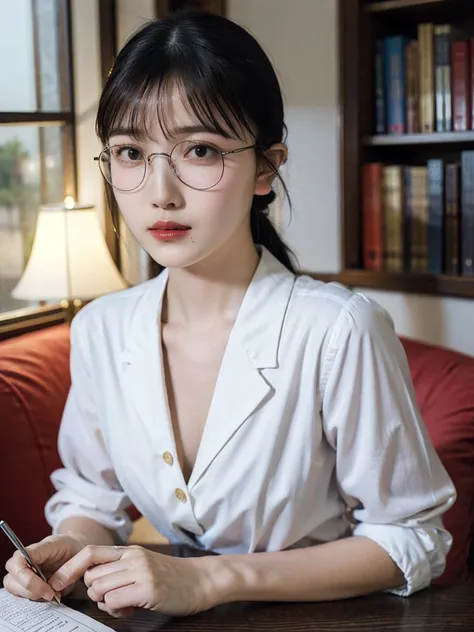 20 yo woman, black hair, short ponytail, ((thin frame round glasses)), thinking face, (wearing opened button shirt,medium breast...