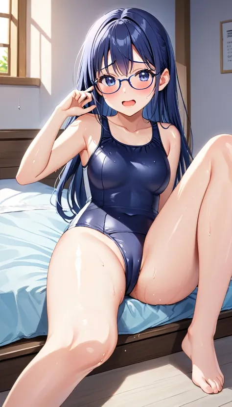 High resolution, woman , good lighting, despicable, , (No nudity), (((Shiny navy blue school swimsuit))), (navy blue school swimsuit),   cute face,  embarrassed and blush, humiliating, ((sit with legs spread)), ((wet with sweat)),((glasses)),sit on the bed...