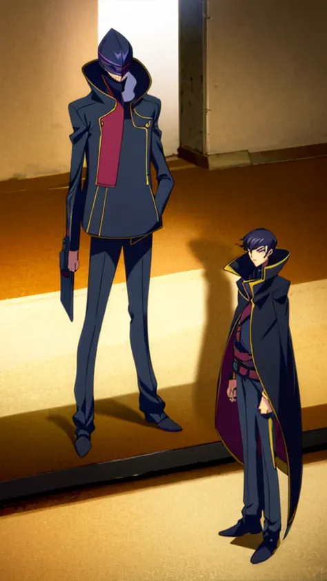 Male, teenager, vigilante, wearing dark clothes, a coat, and a mask, athletic build, hands in pockets, standing at attention, nighttime setting, lone figure, facing viewer, fully in frame, full body shot, Code Geass style, codeGeass, CODEGEASS