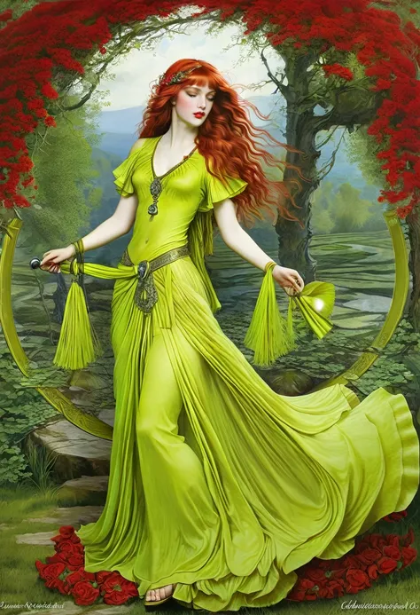 chartreuse gypsy, safe from harm, out of luck, battle without honor or humanity, mother nature, high quality, pre-raphaelite bro...