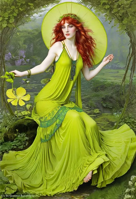 chartreuse gypsy, safe from harm, out of luck, battle without honor or humanity, mother nature, high quality, pre-raphaelite bro...