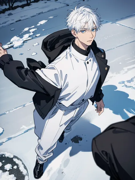 Gojo Satoru walk in outdoor coated black suit in snow ,white hair , blue eyes, cool style macho