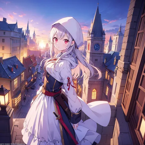 ((style:Colored pencil,pale colour))、Very detailed、(anime)、(masterpiece:1.2),Atmospheric perspective,Lens flare、Medieval European streets、Assassin girl standing on the roof of a building、Wearing a hood、cute、Red eyes、Your eyes shine in the moonlight、Assassi...