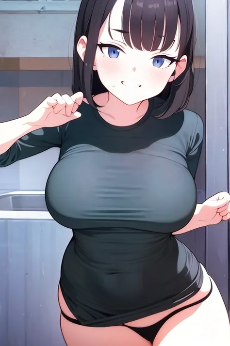 best quality, realistic:1.37), detailed portrait, blushing, lust face, black panties, white t shirt, smirk face, hentai, large breasts, NSFW