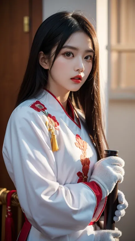 Wearing embroidered Chinese clothing,Dynamic Angle,view,Practical,Luminescence,
Xueer Embroidered Guard Uniform,1 Girl,Solitary focus,Holding a sword,have,Black Hair,Gloves,red Lips,tassel,Vague background,Vague,Lips,Upper Body,Shut up,Long sleeve,
Female ...