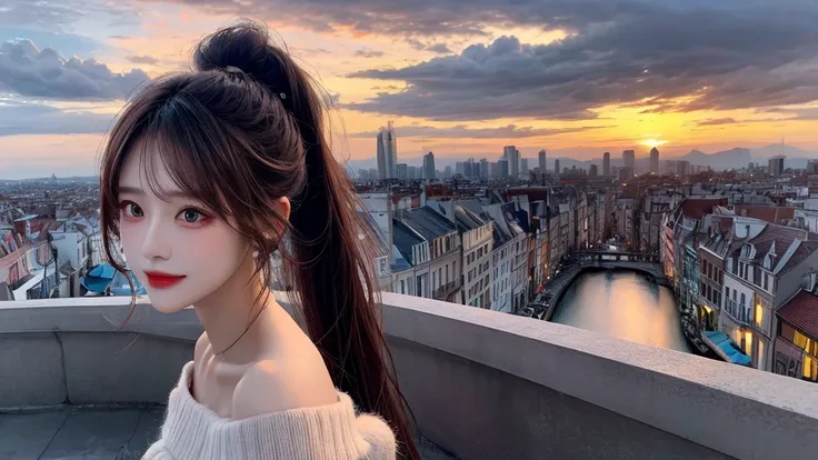 1 beautiful sweet girl,fluffy off shoulder crop top. fish eye, wind, straight long hair, high ponytail, sunset, city scape, (Aesthetics and atmosphere:1.2),Detailed, realistic faces