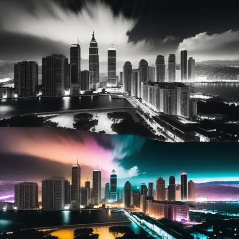 A cinematic skyline view of one megacity in split screen. Visualize a picture of a megacity which divides into two parts: One the left side of the image is in black and white filter in film noir style,  the second part on the right side is in colored, cybe...