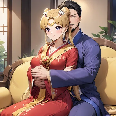 ((Highest quality)), ((masterpiece)), (detailed), （Perfect Face）、The woman is a Chinese girl named Tsukino Usagi, dressed in a gorgeous, glittering red Hanfu outfit with lots of gold embroidery, a gorgeous hair ornament, gorgeous jeweled accessories and an...