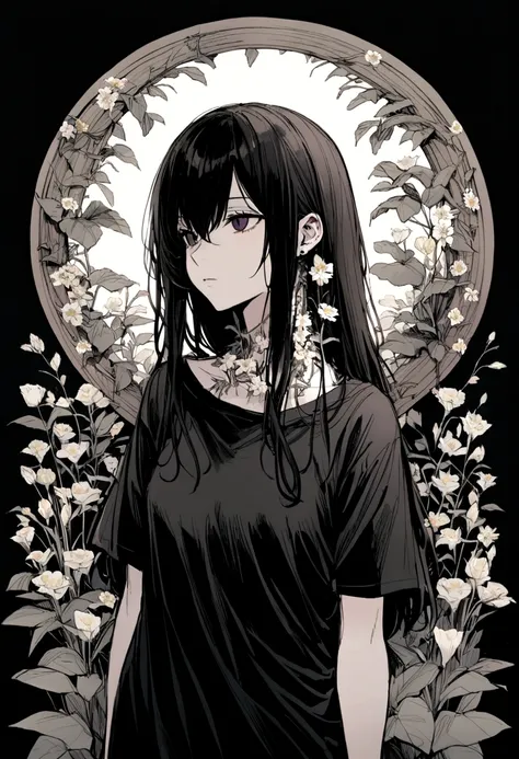 17-year-old girl, Dark look, whole body, Flowers growing on my neck, Flowers grow from multiple places on the body, T-Shirts