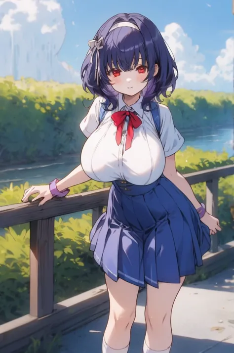 ,1girl, looking at viewer,
yamanobe tomo, purple hair, red eyes, medium hair,  , hairband,white shirts, short sleeves, blue skirt, high waist skirt,,(((huge breasts))), ,socks,standing,,outdoor,expressionless,,close up