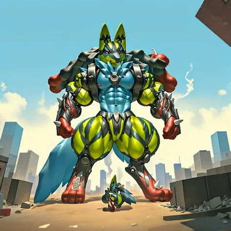 (masterpiece. official art. 8k. best quality. detailed full body. full body.)

(situation 1 : dominating mega lucario. focus GIANT mechanical Muscular mega lucario is trampling the CITY. macro. stomp. Low-angle perspective. emphasizing the immense size. Th...