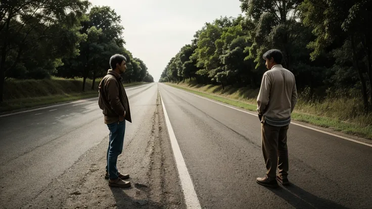 The poor man stands on the road and waits for his son to come