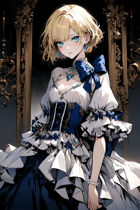 Girl with blonde short hair, saphire gem eyes, pearl earrings, dress with bows