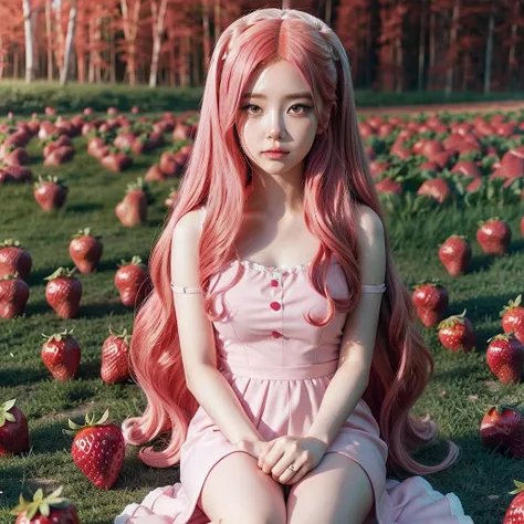 
araffe girl with pink hair sitting in a field of strawberries, belle delphine, red wig, anime girl cosplay, anime barbie doll, anime girl in real life, fairycore, beautiful anime style, curly pink hair, long flowing pink hair, pink and red color style, ka...