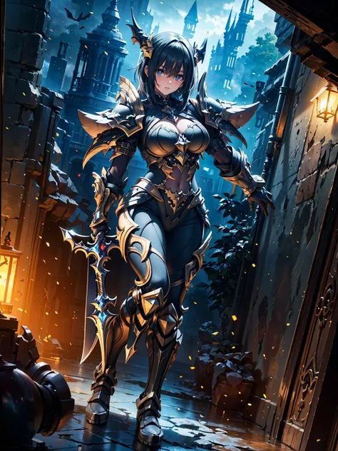 (((masterpiece, best quality, 8k)))(((perfect anatomy)))A dark and cursed female game character, wearing ornate black and gold armor, wielding a cursed blade, with dark vambraces and cursed boots, in a gloomy, atmospheric lighting, full body shot, (best qu...