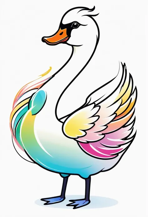 happy colored swan, kawaii, outline, vector, white background