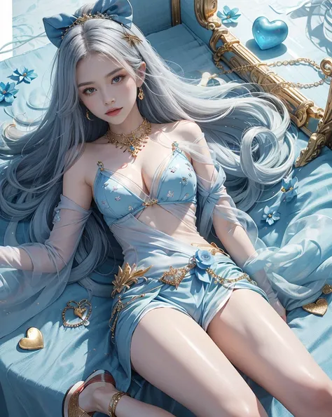 (On the table, Highest quality, best quality, Official Art, beautiful and aesthetic:1.2), (1 Fantasy Girl), Extremely detailed, Gorgeous jewelry, Long shapeless hair, (Fractal Art:1.3),rich and colorful,Highest detail.Expressed in the shape of a heart、Blue...