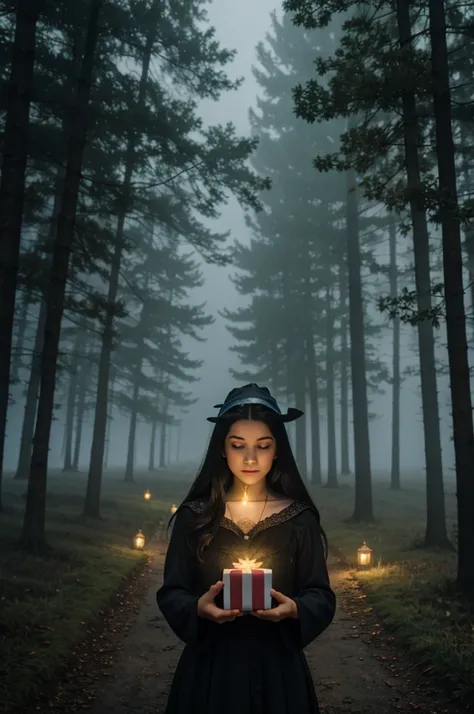 A young witch woman with dark hair holds a gift box in her hands in the fog and shine of lights in a fairy-tale world.