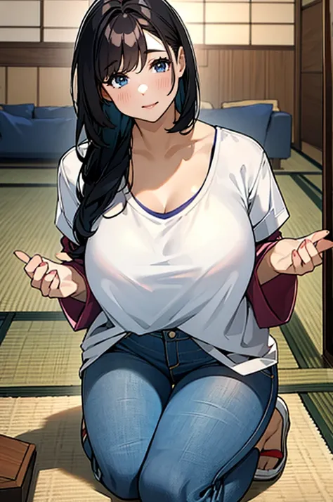 1women,japanese,living room,huge breasts,looking viewer,t-shirts,long sleeves,jeans