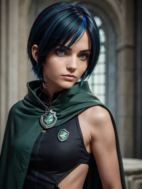 (best quality), 1girl, Female, olive skin, black hair, blue tips, blue streaked hair, short hair, asymmetric hairstyle, swoopy hair, blue eyes, perfect eyes, smug expression, slytherin hogwarts cloak, harry potter universe, slytherin, slender, small bust, ...