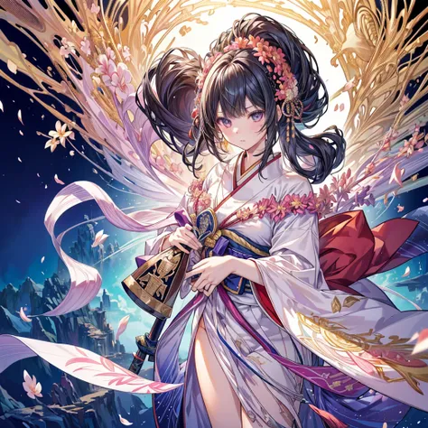 1girl,(((Highest quality、Official Art、The best composition、Masterpiece、Award-winning works)))、Serious expression、The moment the Japanese sword is swung down、ダイナミックなThe best composition、Super huge、detailed、whole body、Plumeria flower petal fractal art、hologr...