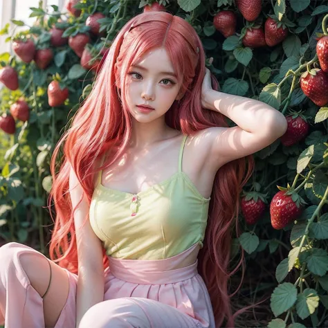 
araffe girl with pink hair sitting in a field of strawberries, belle delphine, red wig, anime girl cosplay, anime barbie doll, anime girl in real life, fairycore, beautiful anime style, curly pink hair, long flowing pink hair, pink and red color style, ka...