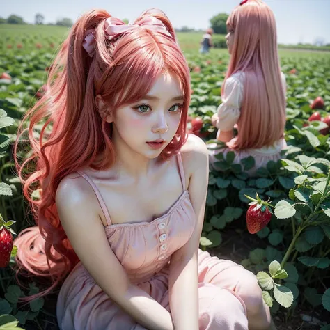 araffe girl with pink hair sitting in a field of strawberries, belle delphine, red wig, anime girl cosplay, anime barbie doll, a...