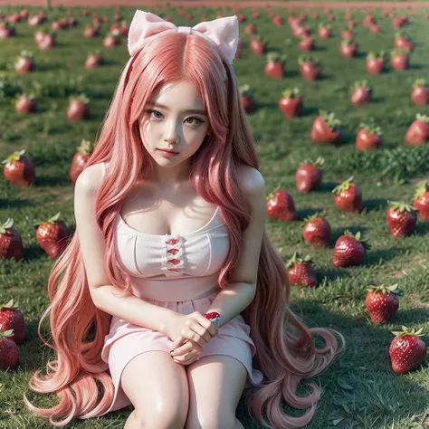 
araffe girl with pink hair sitting in a field of strawberries, belle delphine, red wig, anime girl cosplay, anime barbie doll, anime girl in real life, fairycore, beautiful anime style, curly pink hair, long flowing pink hair, pink and red color style, ka...