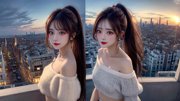 1 beautiful sweet girl,fluffy off shoulder crop top. fish eye, wind, straight long hair, high ponytail, sunset, city scape, (Aesthetics and atmosphere:1.2),Detailed, realistic faces