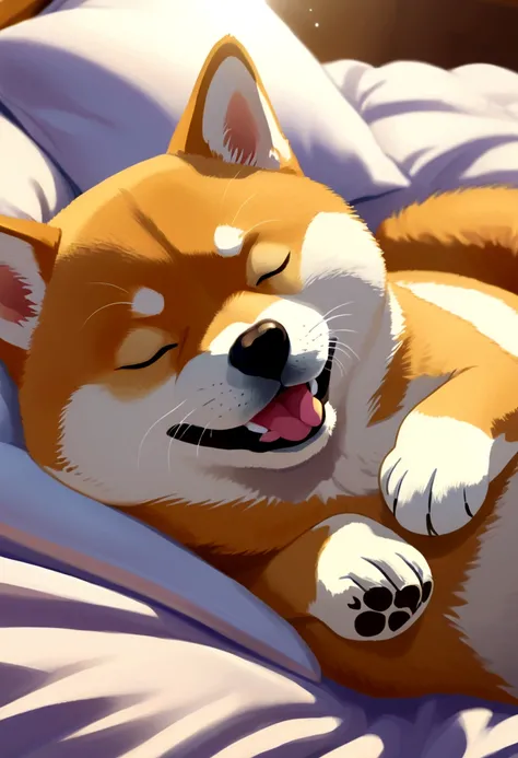 Sleeping soundly in bed,Dreaming,Close-up,very cute,laughing,Shiba Inuのイラスト、Anime Style、Shiba Inu, small,