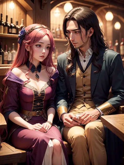 Sanjouno Haruhime and Ignoto Peverell chatting in a luxurious medieval bar