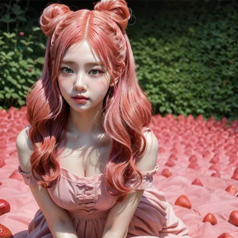 
araffe girl with pink hair sitting in a field of strawberries, belle delphine, red wig, anime girl cosplay, anime barbie doll, anime girl in real life, fairycore, beautiful anime style, curly pink hair, long flowing pink hair, pink and red color style, ka...