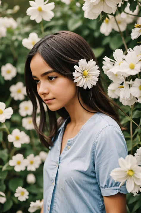 Open hair girl with smelling flowers 