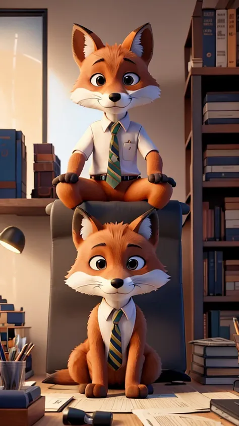 A fox wearing a suit is sitting in an office