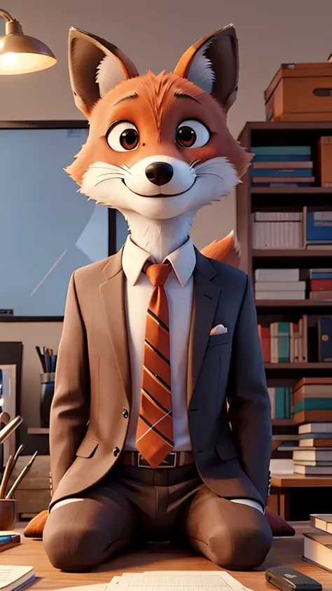 A fox wearing a suit is sitting in an office