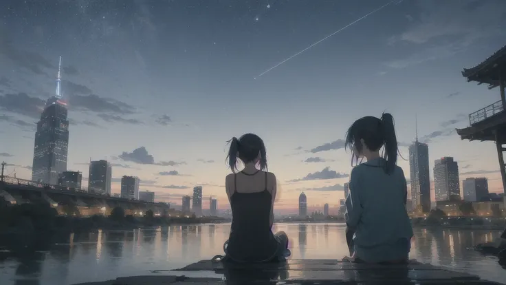 真っ暗なnight空,Octane, star (null), scenery, Blue parakeet,The acoustic guitar is in front of the body.,star, night, One Girl, Back view, alone, Outdoor, city,river,Blue parakeet,building, cloud, 天のriver, Sitting with knees hugged,silhouette