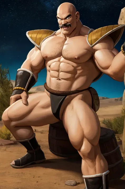 nappa, male focus, solo,cowboy shot, 1boy, bald, nipples, muscular male, abs,black vambraces, veins, pectorals, thighs, black eyes, topless male, mustache , tail around waist, (best quality, masterpiece) , , outdoors, micro armor , shoulder armor, breastpl...