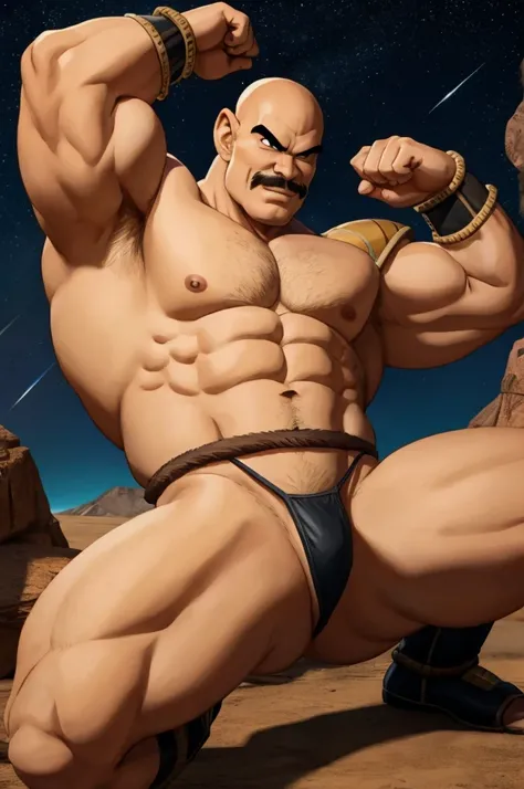 nappa, male focus, solo,cowboy shot, 1boy, bald, nipples, muscular male, abs,black vambraces, veins, pectorals, thighs, black eyes, topless male, mustache , tail around waist, (best quality, masterpiece) , , outdoors, micro armor , shoulder armor, breastpl...