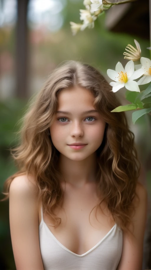 a captivating naked portrait of an 18-year-old girl with wavy hazel hair and gentle light brown eyes. the waves flow gracefully,...